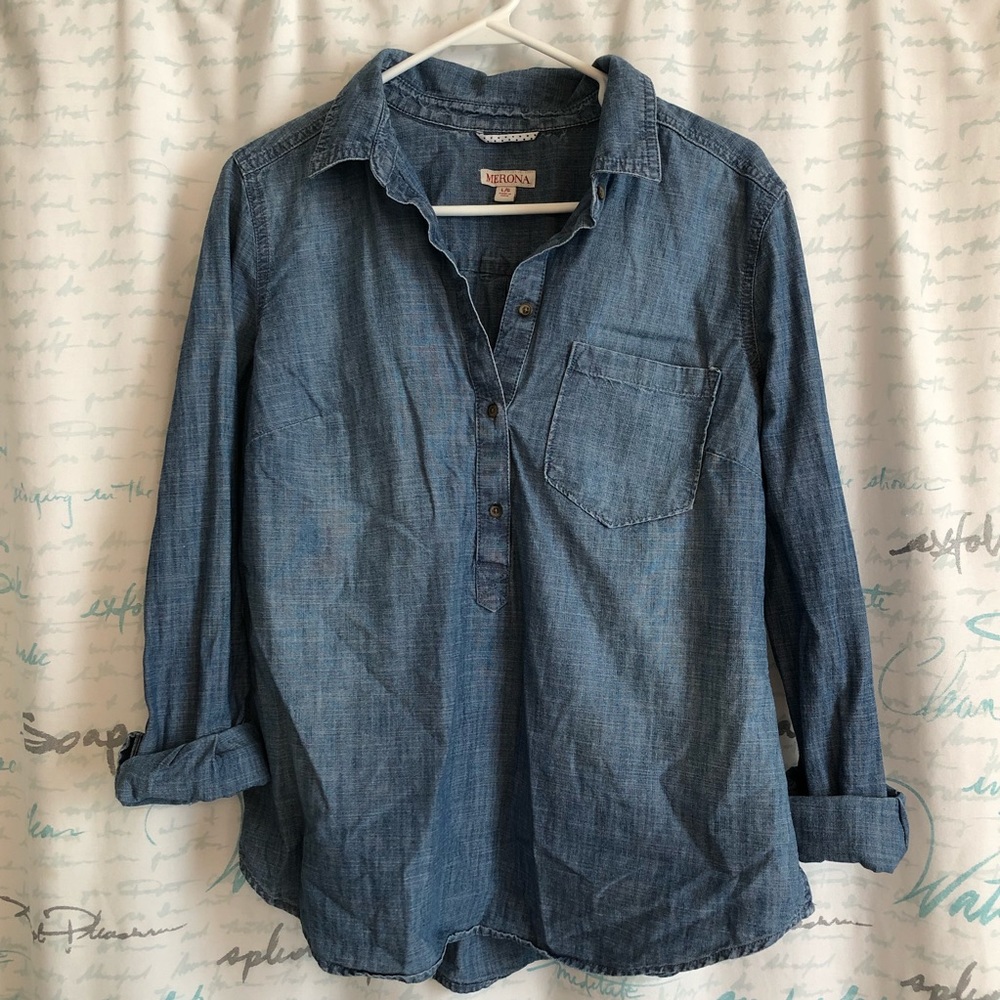 Denim shirt.